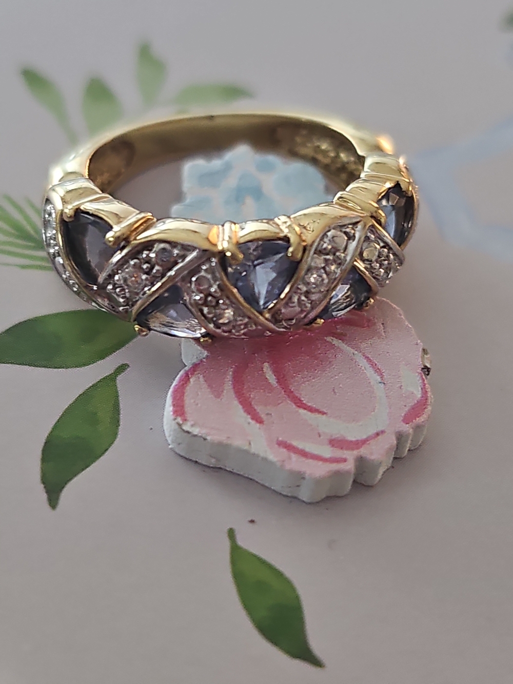 Gold Ring with Blue Stone Accents and Clear Crystals